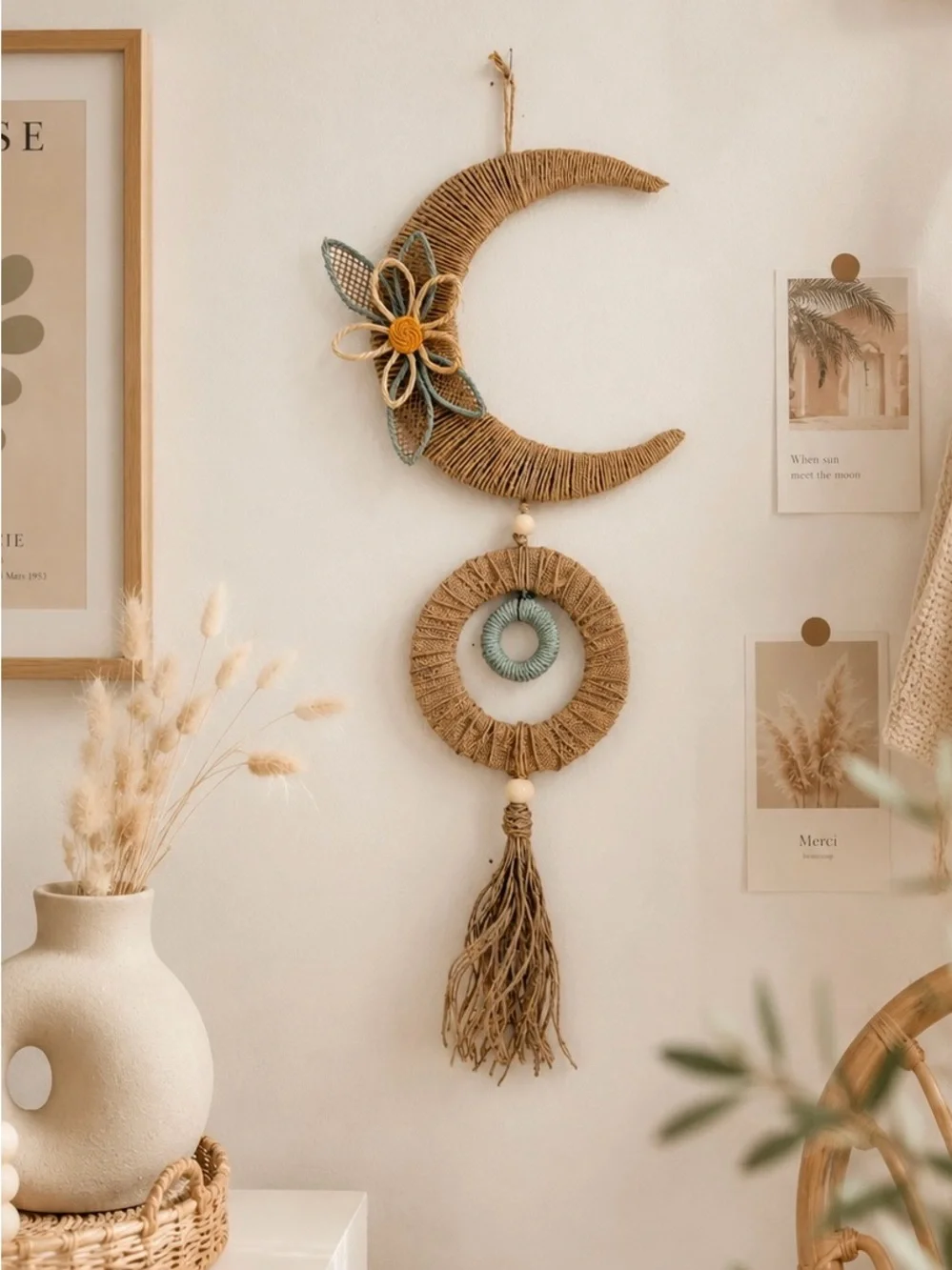 Handmade Crescent Moon & Tassel Wall Hanging - Natural and Teal